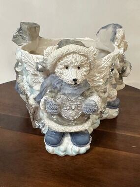 Vintage Winter Teddy Bear Snowman Resin Planter Vase Christmas Holiday Decor